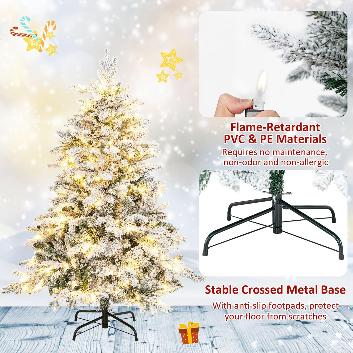Lucktree Pre-Lit Snow Flocked Christmas Tree, Artificial Hinged Xmas Tree with Branch Tips, PE & PVC Mixed Leaves