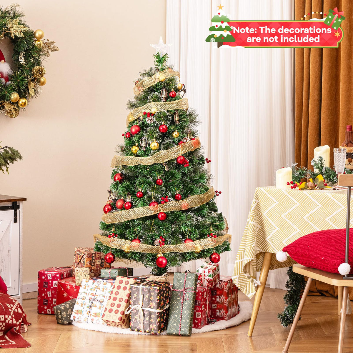 Lucktree Pre-Lit Fiber Optic Christmas Tree, Artificial Snowy Xmas Tree with Warm White LED Lights