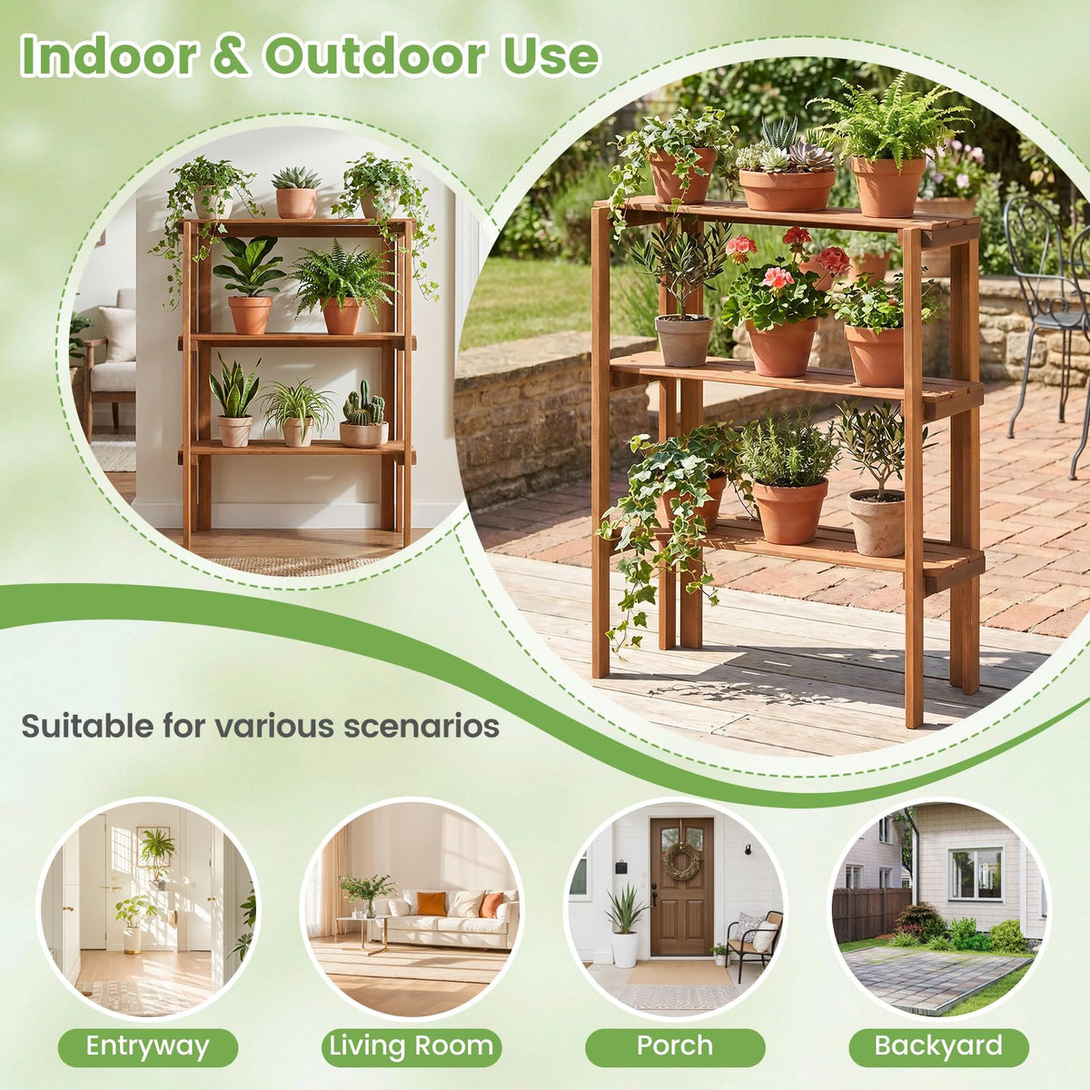 Lucktree 3-Tier Foldable Solid Wood Indoor Outdoor Flower Pot Display Rack