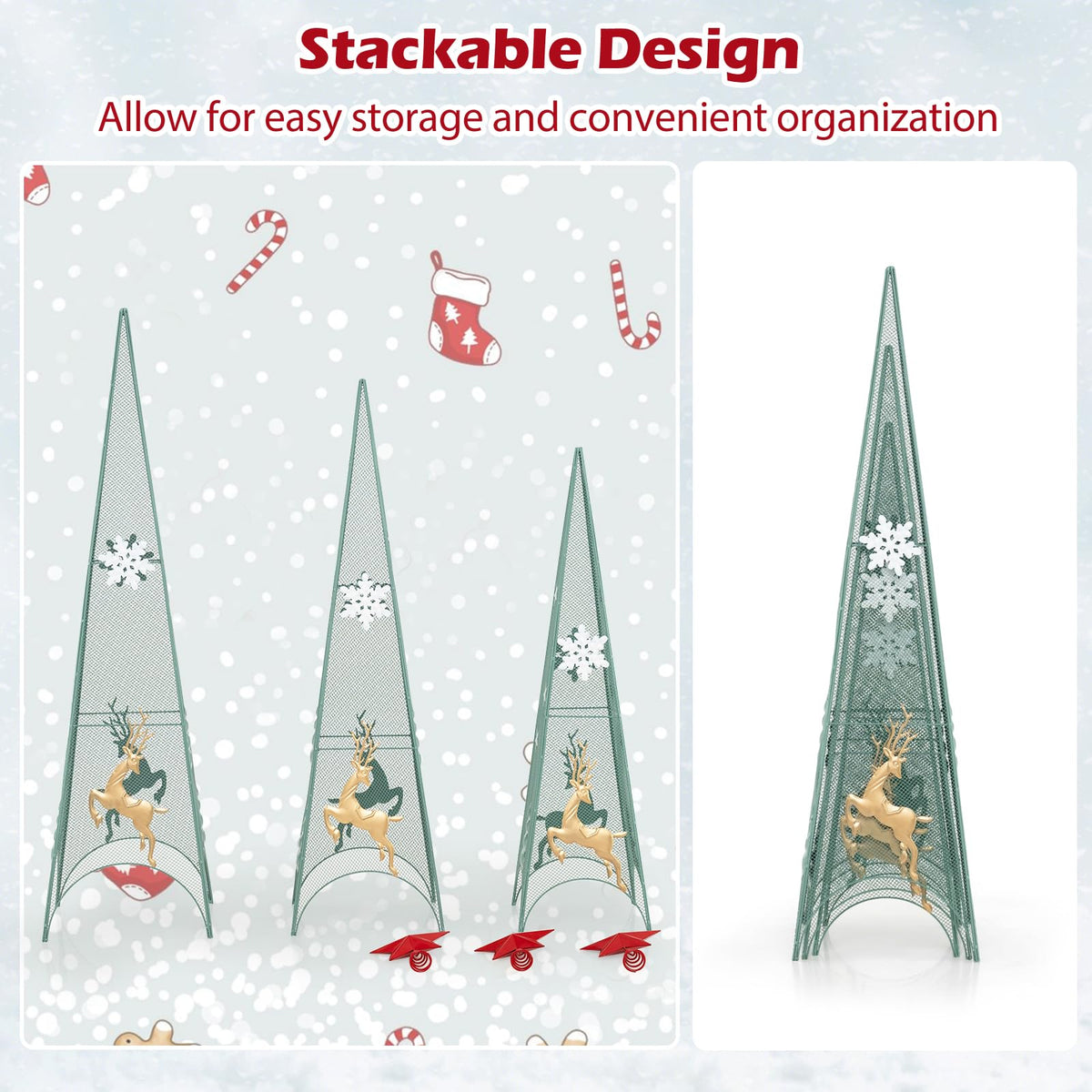 Lucktree Set of 3 Tower Shaped Christmas Trees (3ft/3.5ft/4ft), Artificial Xmas Metal Trees with Removable Star Toppers & Reindeer