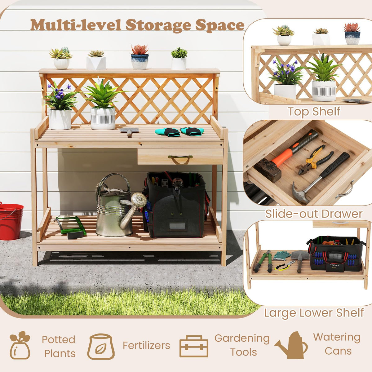 Lucktree Wood Potting Table with 3 Tier Shelves
