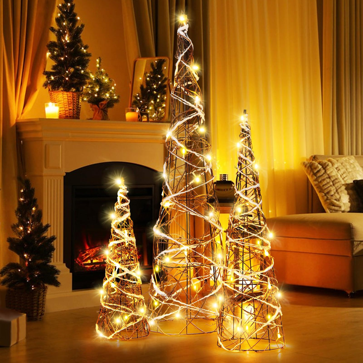 Lucktree Set of 3 Large Christmas Cone Trees, 32” 24” 16” Indoor Christmas Trees w/Warm White LED Lights