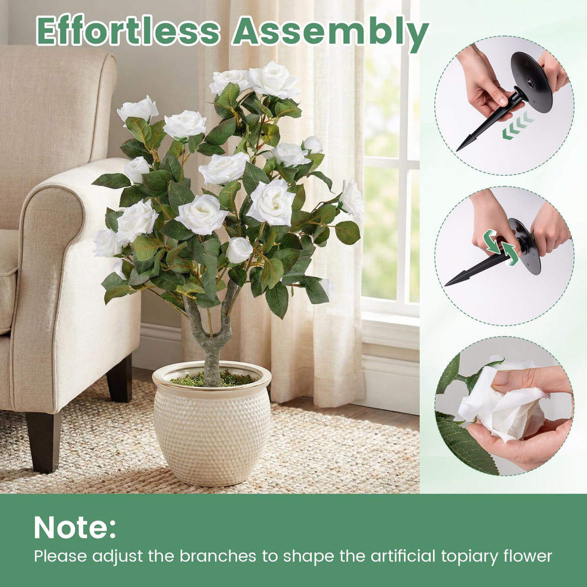 Lucktree 31.5” 2 Pack Artificial Rose Flower Trees with Spikes & 18 White Flowers
