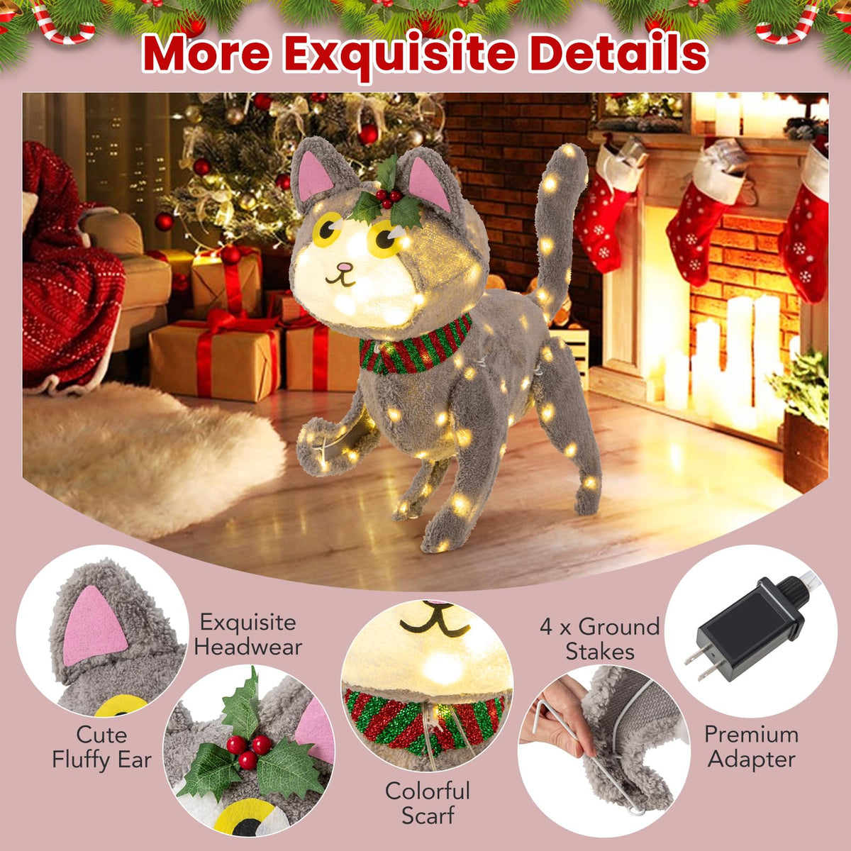 Lucktree Lighted Christmas Cat, Indoor Outdoor Kitty Decoration w/ 88 LED Lights