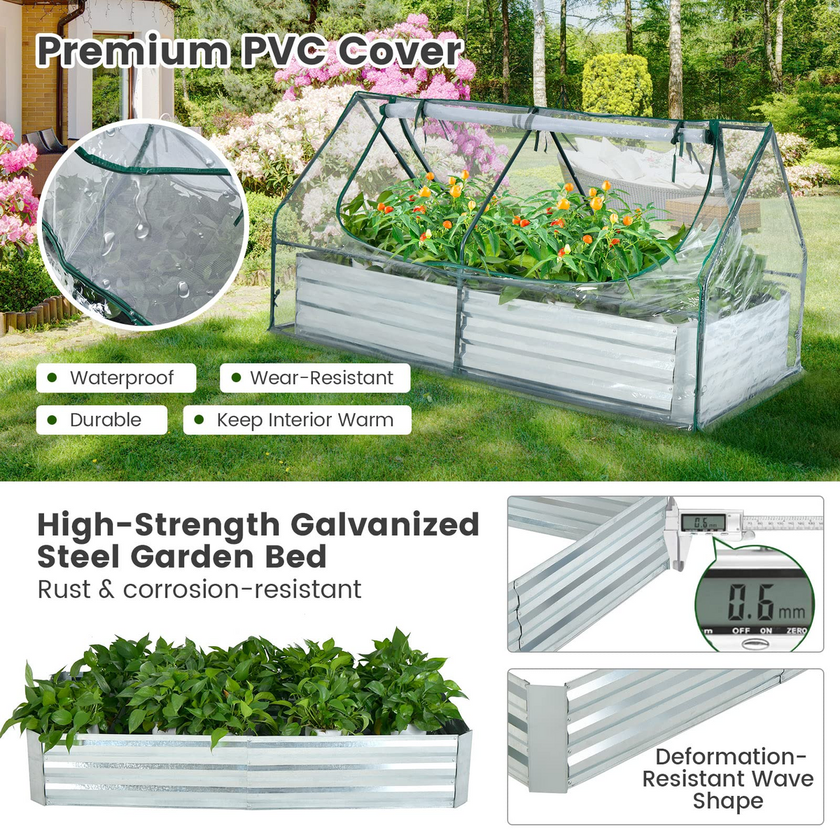 Lucktree Galvanized Steel Raised Garden Bed with Mini Greenhouse, Outdoor Metal Planter Box Kit with Large Roll-up PVC Cover