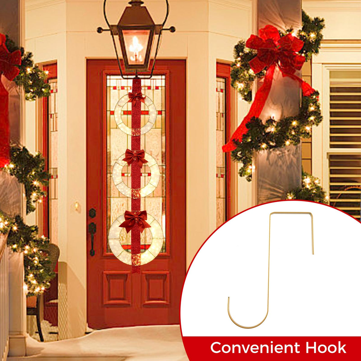Lucktree Set of 3 Pre-Lit Wreaths, 5.8 FT Xmas Light-up Decorations on Red Ribbon with 450 LED Lights