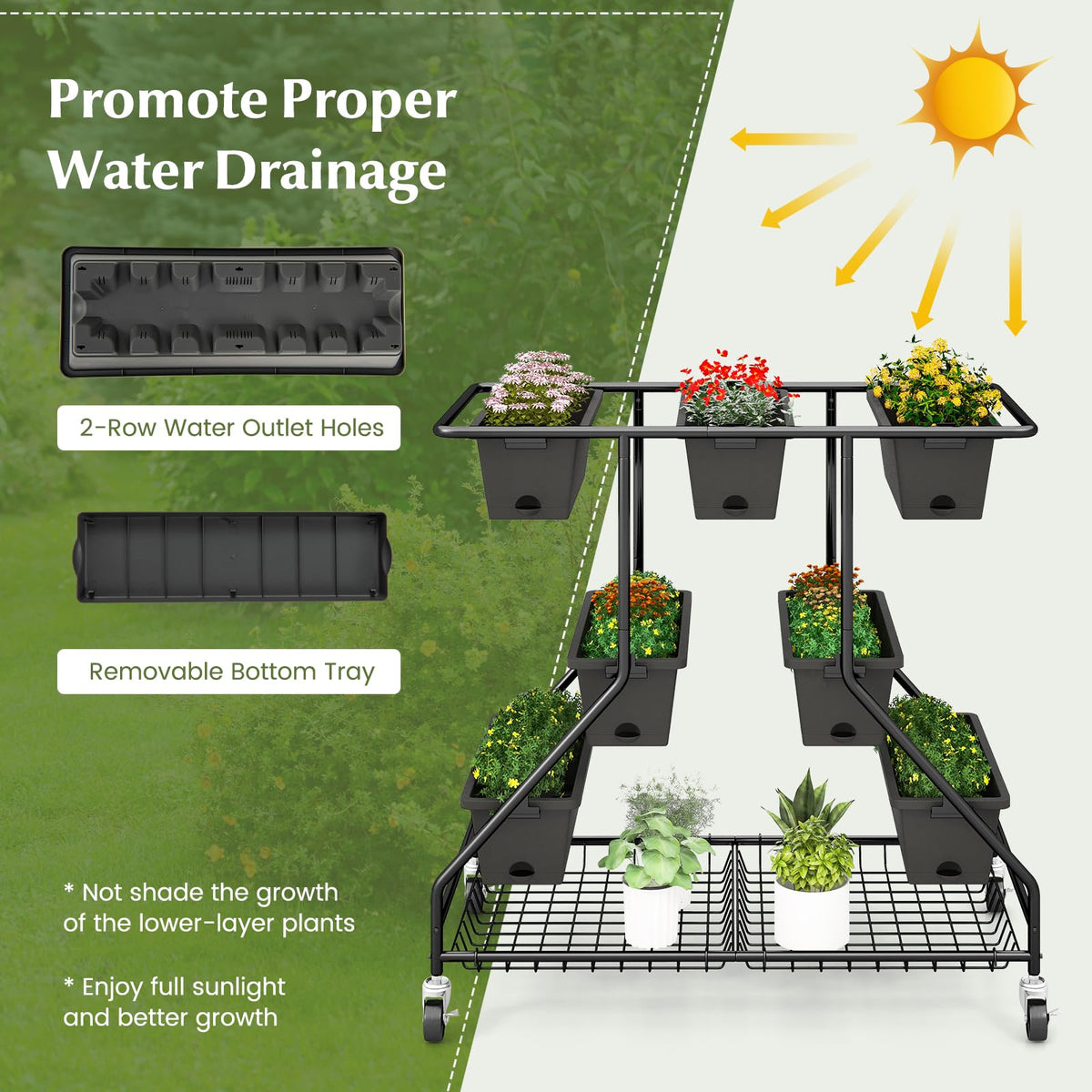 Lucktree Rolling Raised Garden Bed w/ 7 Planter Boxes, Storage Baskets, Drainage Holes