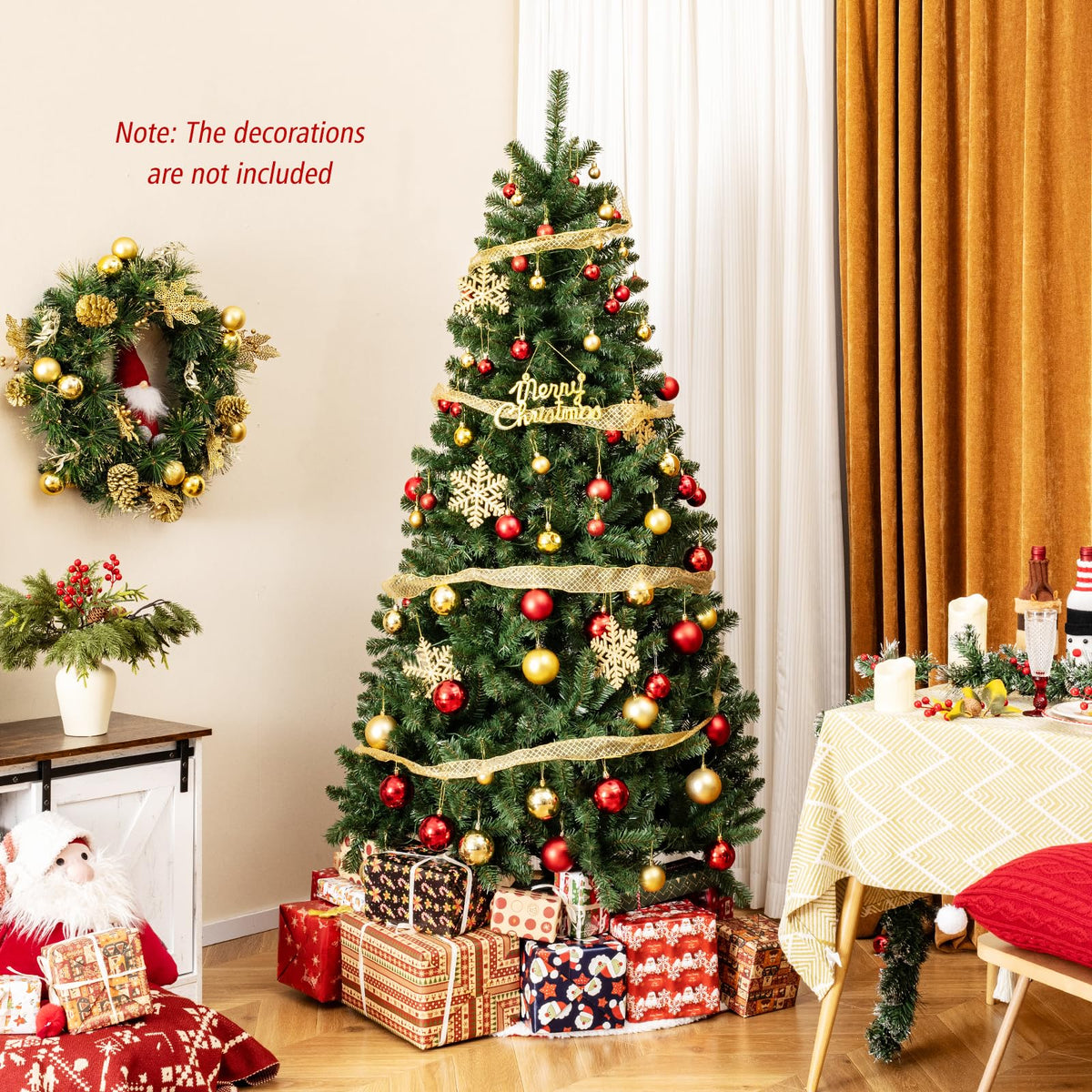 Lucktree 7ft Pre-Lit Christmas Tree, Artificial Hinged Xmas Tree with 250 Warm White LED Lights