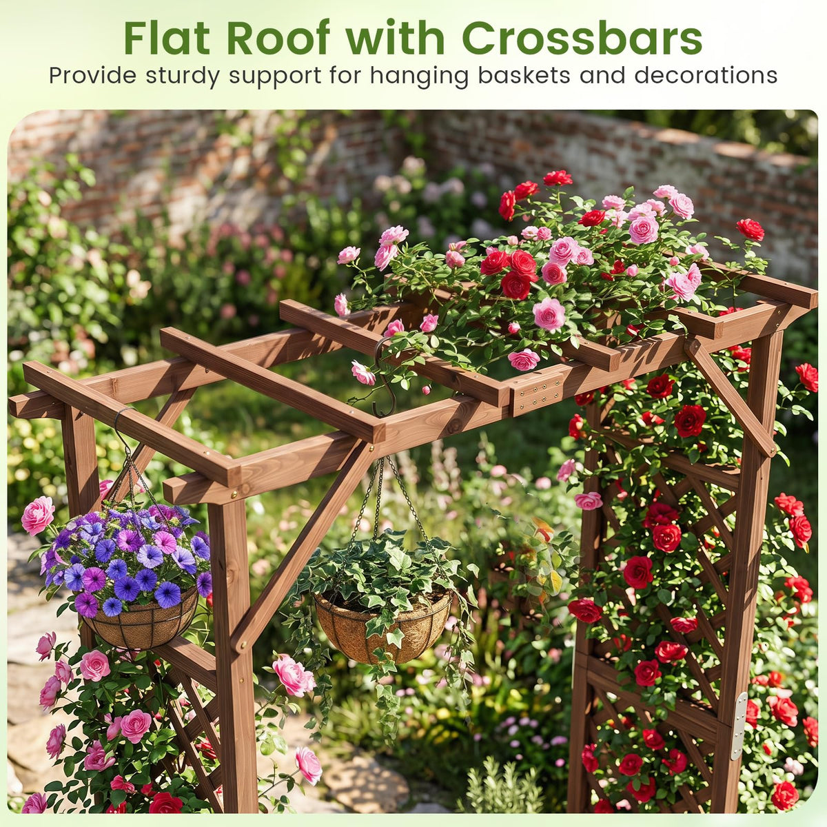 Lucktree 87in Tall Wooden Garden Arbor with Planter Boxes & Hanging Roof