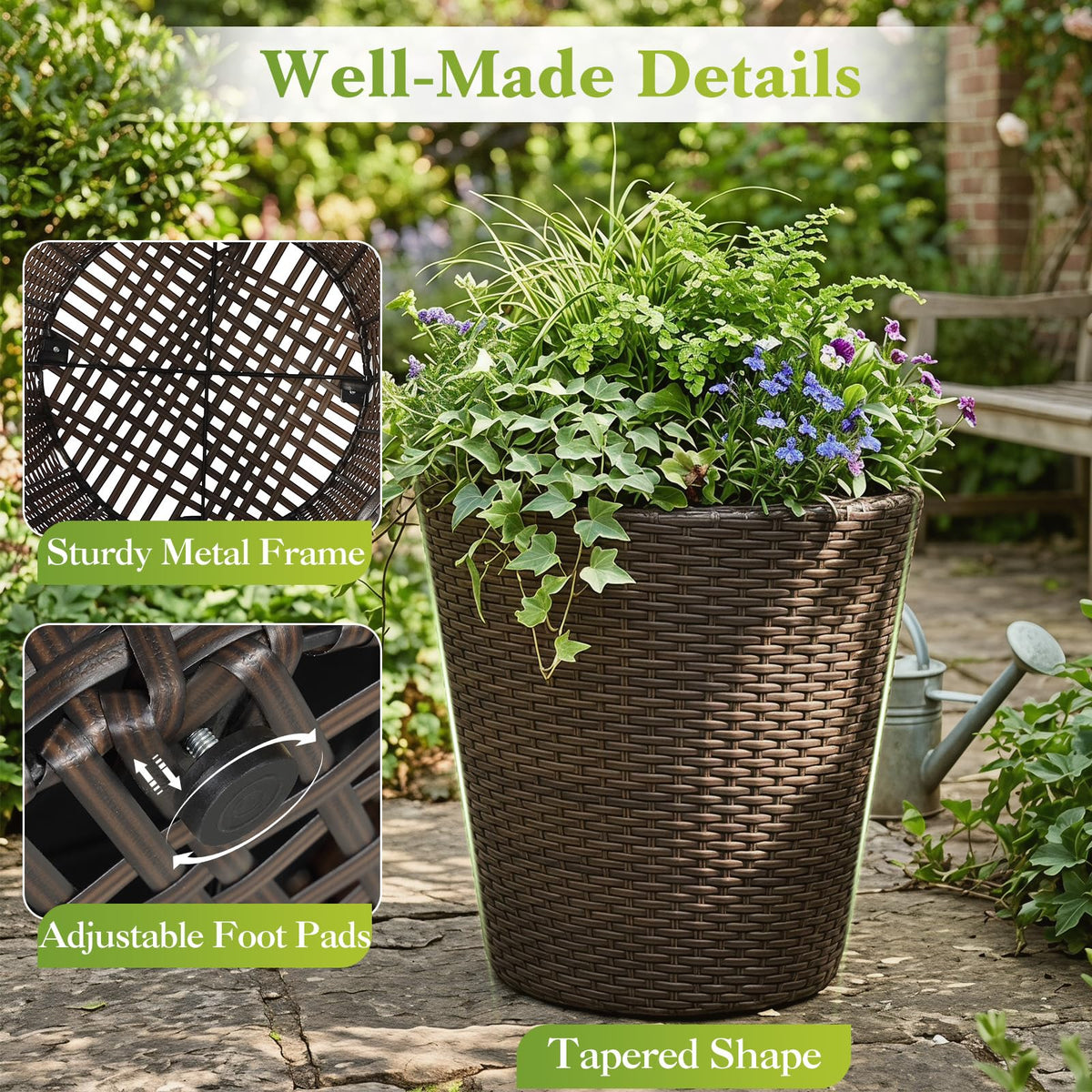Lucktree Set of 2 Plastic Planters | 15 Inch & 11.5 Inch Taper Rattan Planters with Drainage Holes