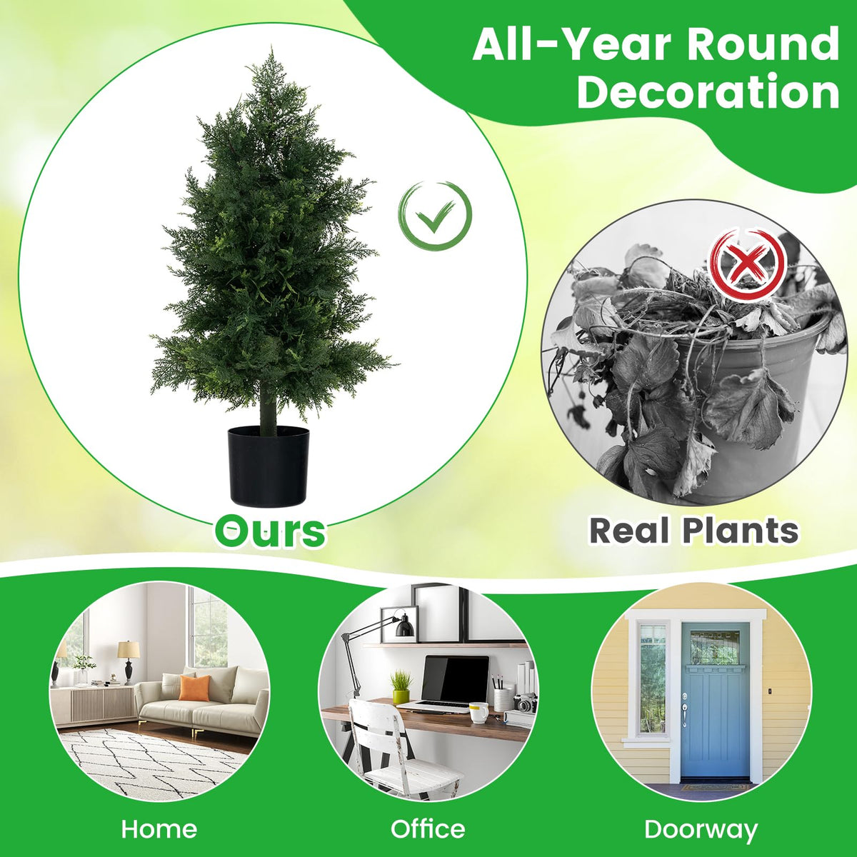 Lucktree 31.5'' Artificial Cedar Topiary Trees for Outdoors, Potted Fake Cypress Trees with Cement Plastic Pot