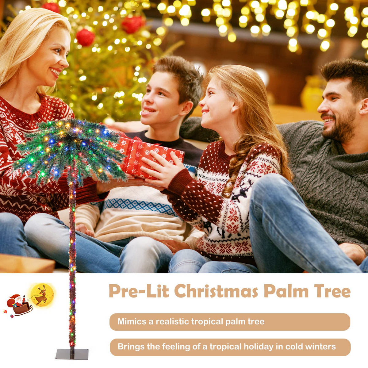 Lucktree 6 FT Pre-Lit Artificial Christmas Tree, Lighted Xmas Palm Tree W/ 210 Multi-Color LED Lights - LucktreeUS