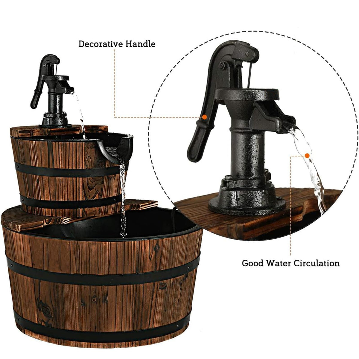 Lucktree 2-Tier Barrel Waterfall Fountain with Hand Pump