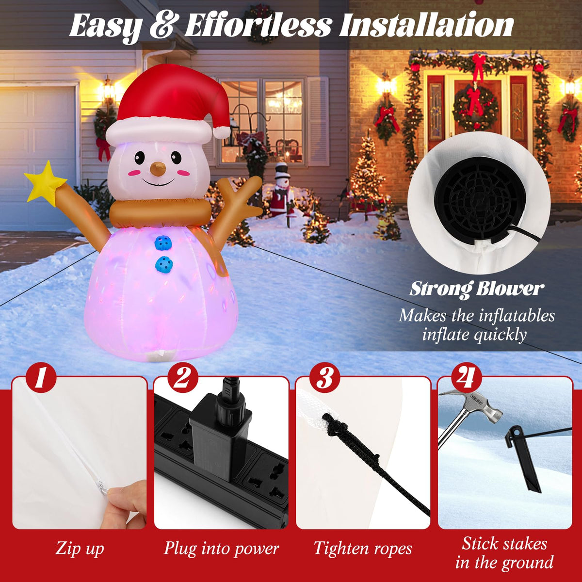 Lucktree 4 FT Lighted Christmas Inflatable Snowman with 360° Rotating Colorful LED Light