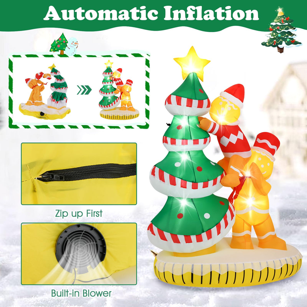 Lucktree 7 FT Lighted Christmas Inflatable Gingerbread Men Climbing Christmas Tree with LED Lights & Built-in Fan