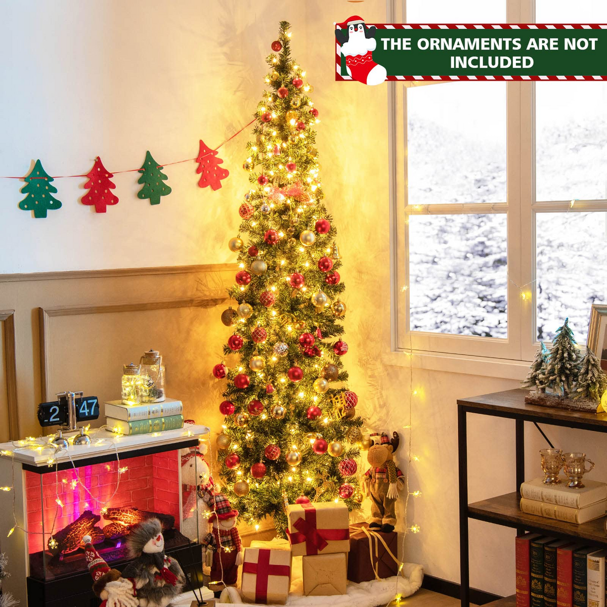 Lucktree 7ft Prelit Half-Shape Christmas Tree, Space-Saving Slender Artificial Xmas Tree with 150 LED Lights - LucktreeUS