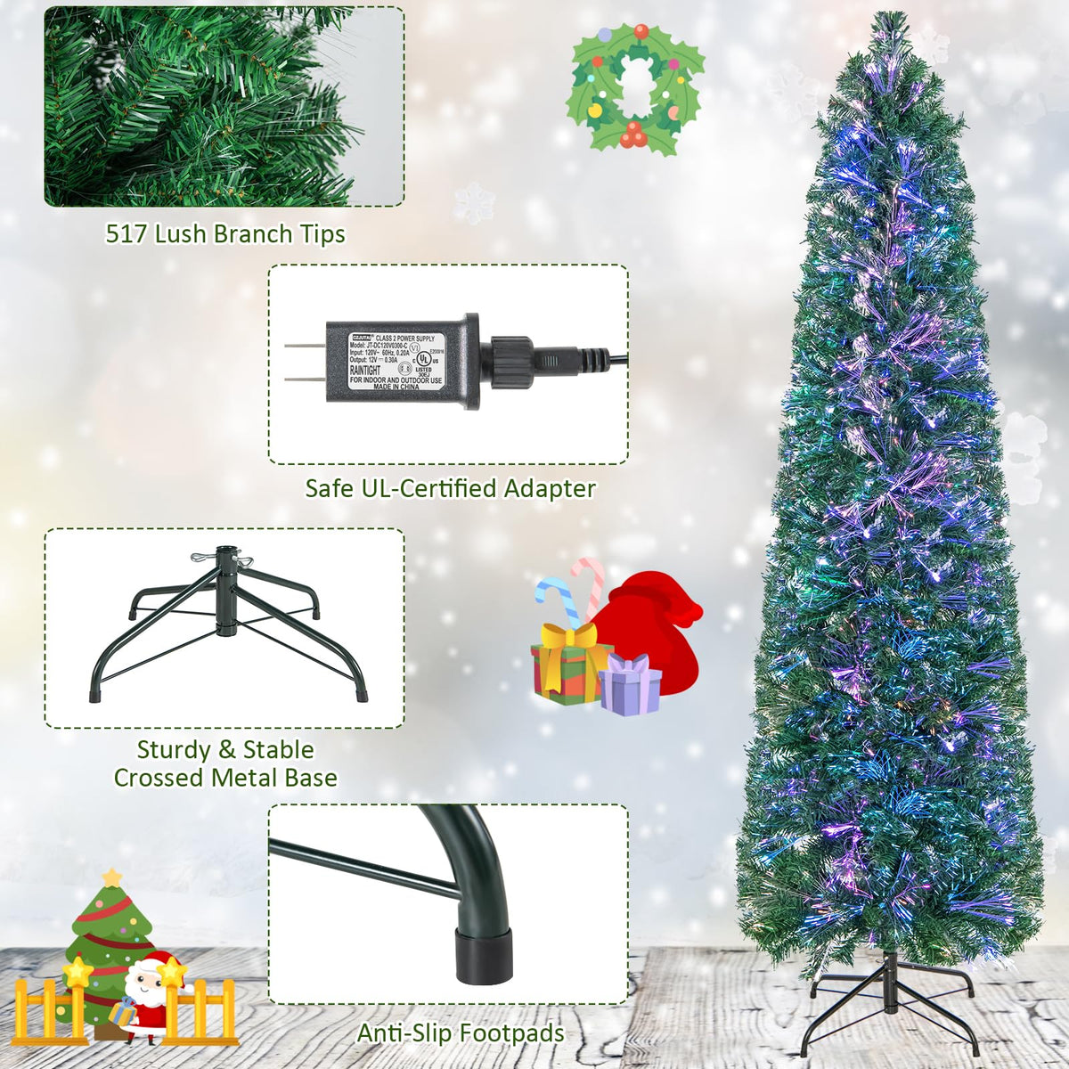 Lucktree 6ft / 7ft / 8ft Fiber Optic Pencil Christmas Tree Xmas Full Tree for Home Office Holiday Decor