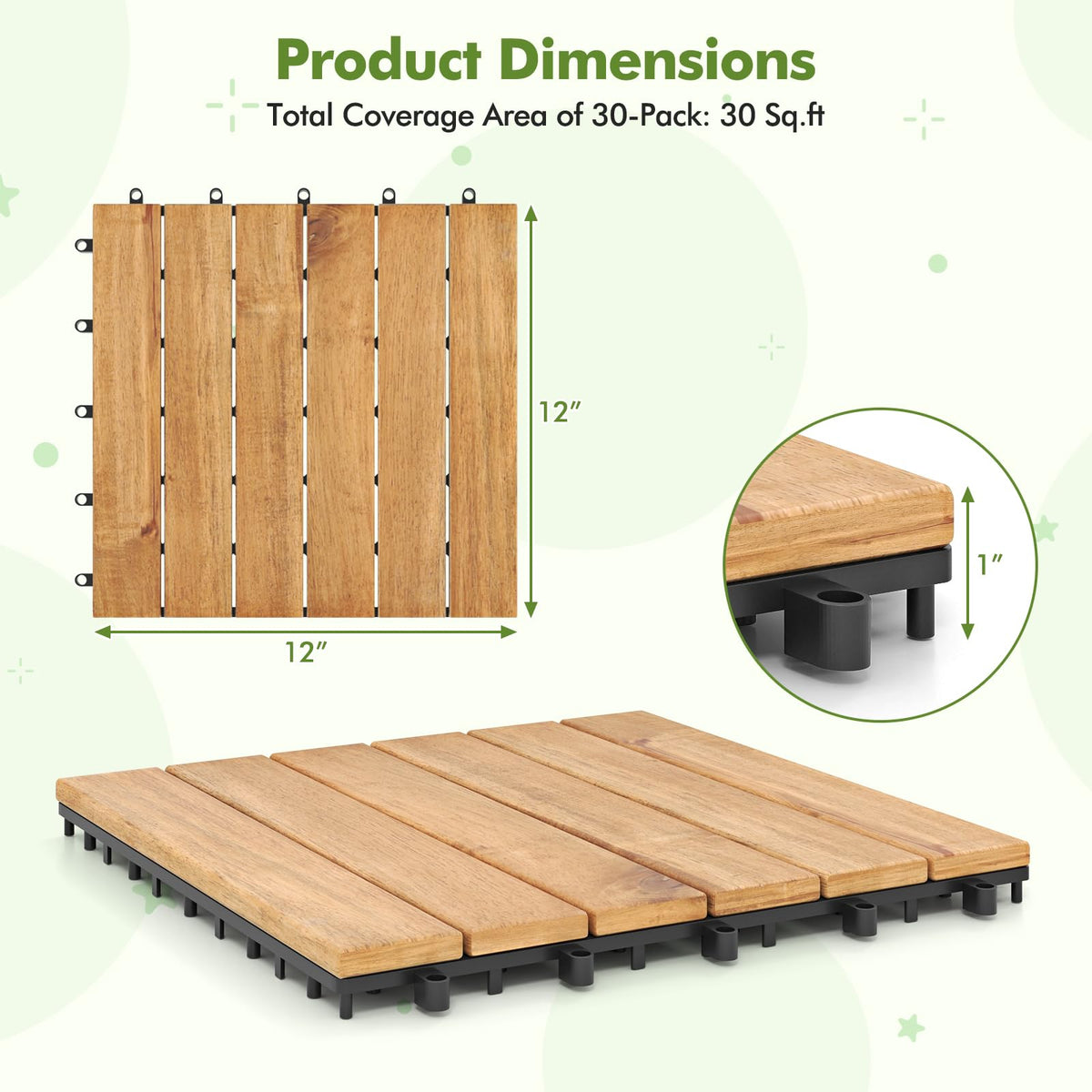 Lucktree 30 PCS Acacia Wood Interlocking Patio Deck Tiles