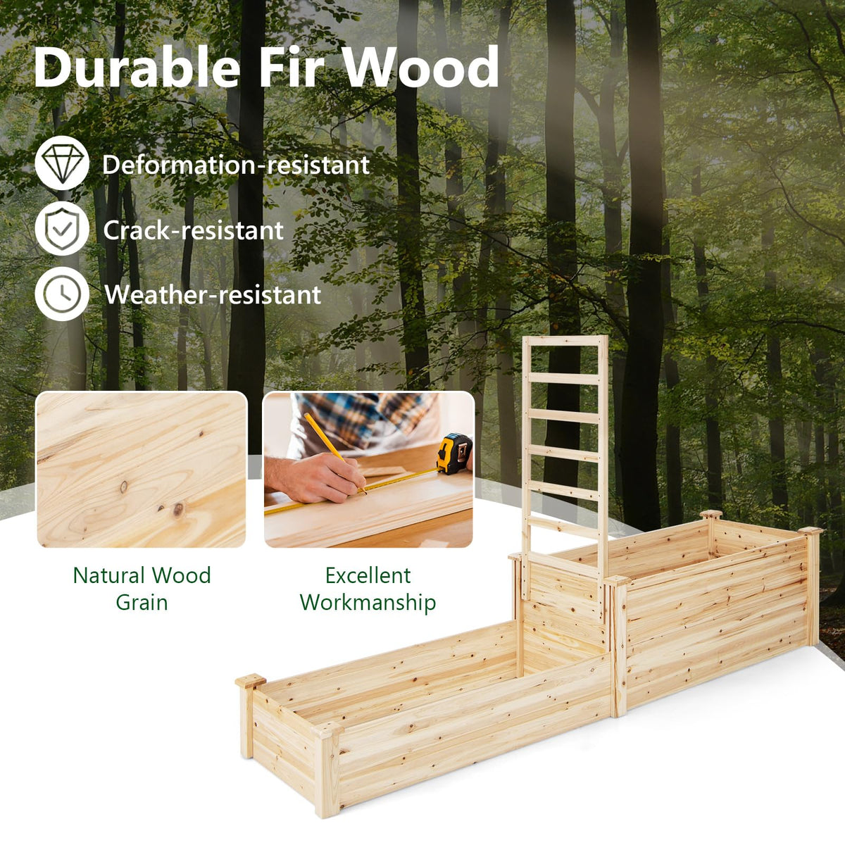 Lucktree Raised Garden Bed with Trellis, Set of 2 Wood Shallow & Deep Planter Box for Climbing Plants