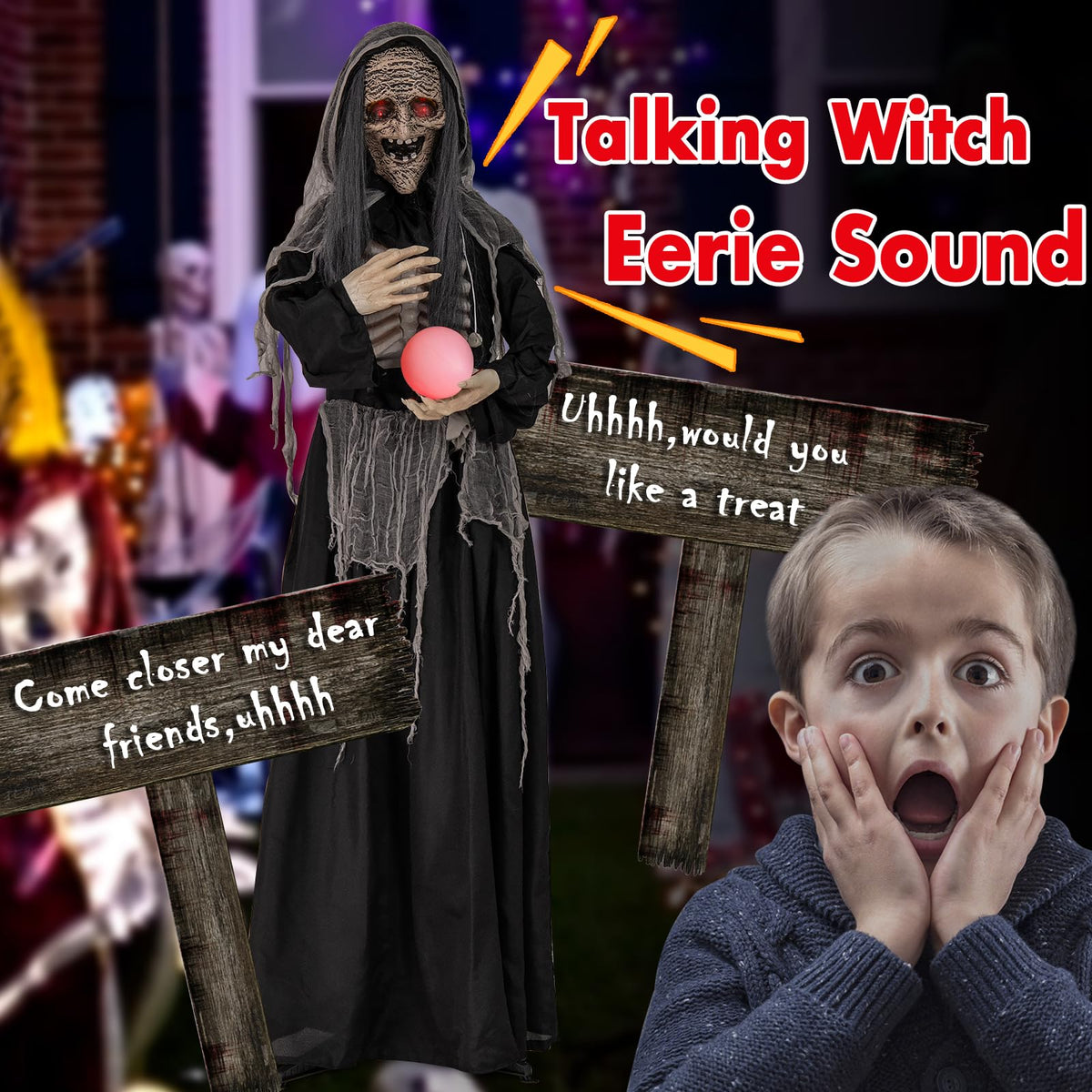 Lucktree 6 FT Halloween Animatronics Standing Witch, Talking Animated Wicked Witch with Light Up Eyes & Magical Ball