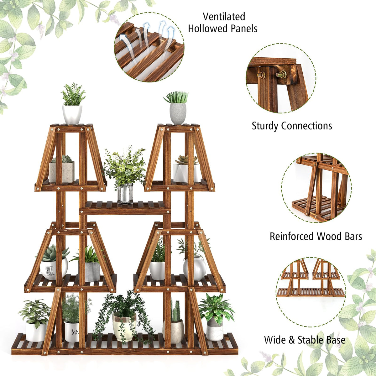 Lucktree Wood Plant Stand, 5-Tier 10 Potted Trapezoid Plant Holder Rack for Multiple Plants