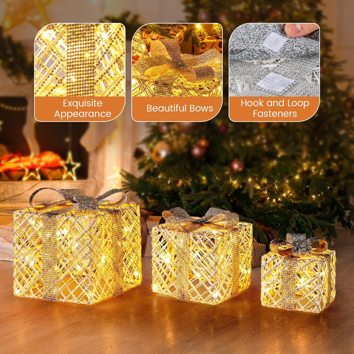 Lucktree Set of 3 Christmas Lighted Gift Boxes, 90 LED Light up Present Boxes with Bows