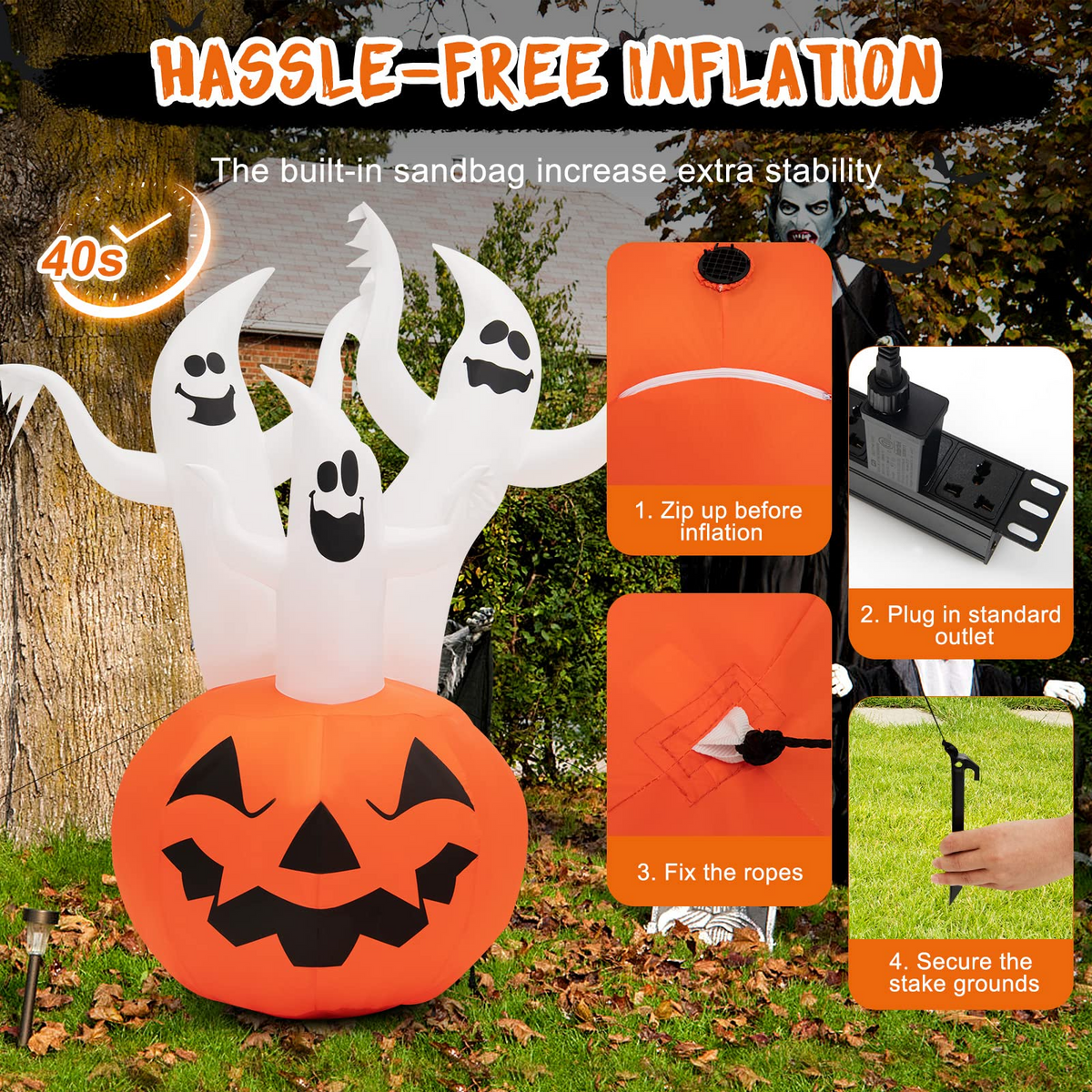 Lucktree 6 FT Inflatable Halloween 3 White Ghosts with Pumpkin, Blow-up Yard Decoration with Built-in LED Lights & Rotating Lamp