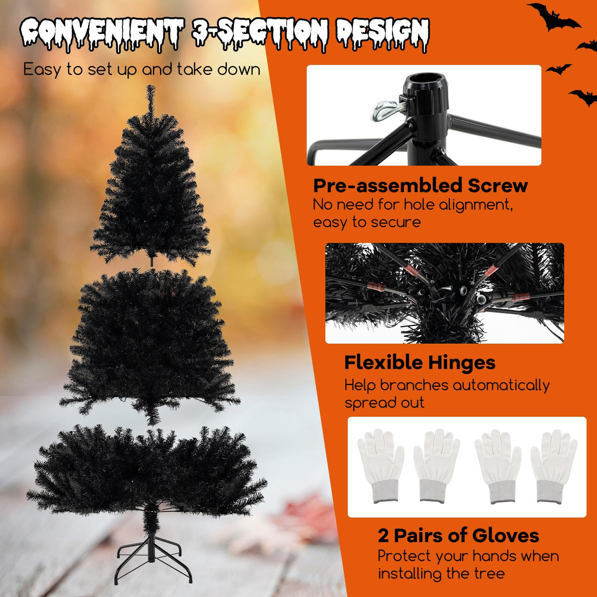 Lucktree 6/7/8 FT Pre-Lit Black Halloween Tree, Artificial Hinged Christmas Tree with 280/380/500 Orange & Purple LED Lights