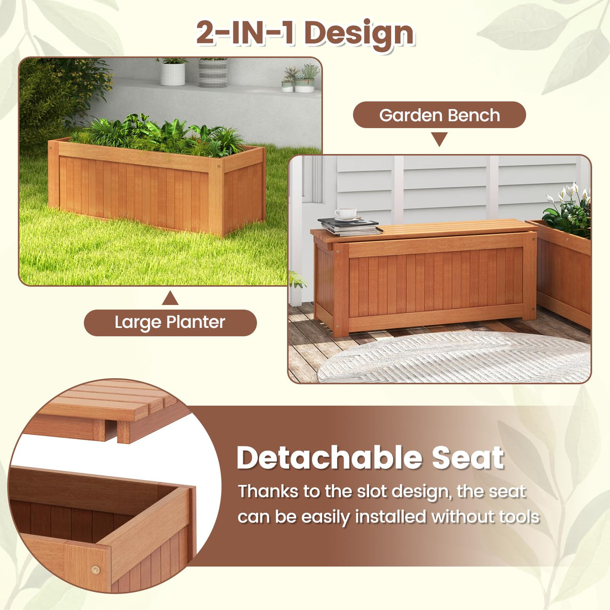 Lucktree 2-in-1 Outdoor Bench, Wood Raised Garden Bed with Open Base, Teak Oil Finish
