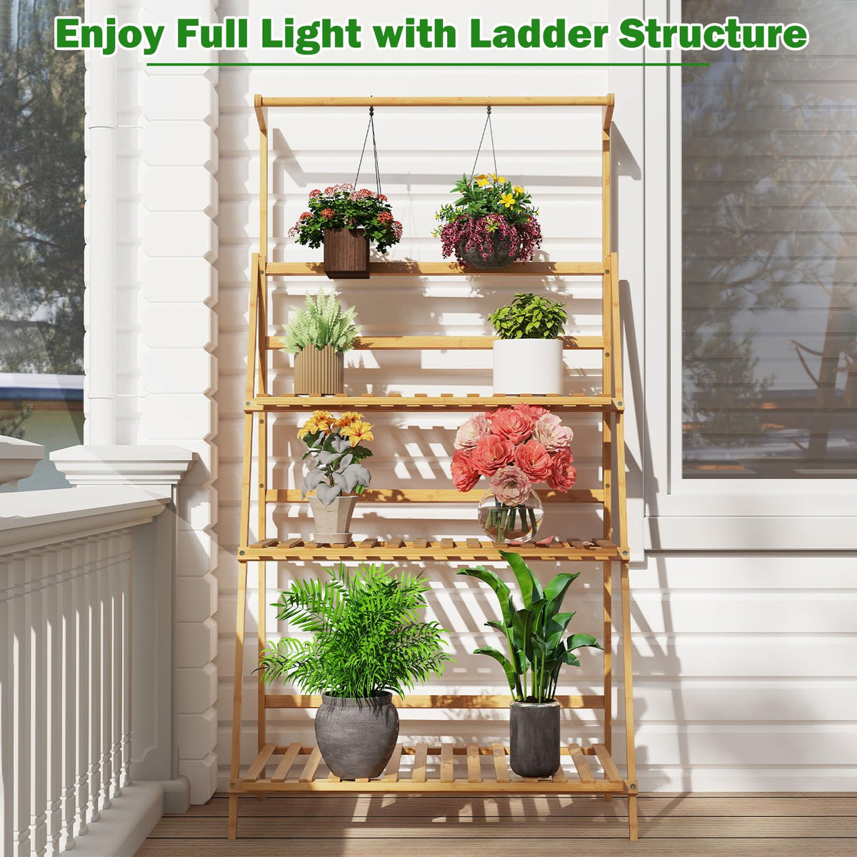 Lucktree Plant Stand Indoor Outdoor - Bamboo 3-Tier Hanging Tall Ladder Flower Pot Display Organizer Rack