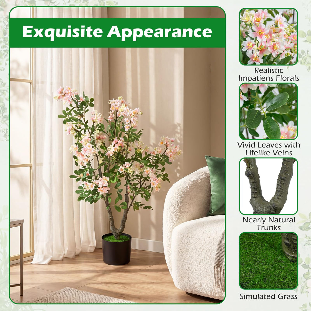 Lucktree 36" Artificial Impatiens Blossom Tree w/Mini Fruits & Faux Grass