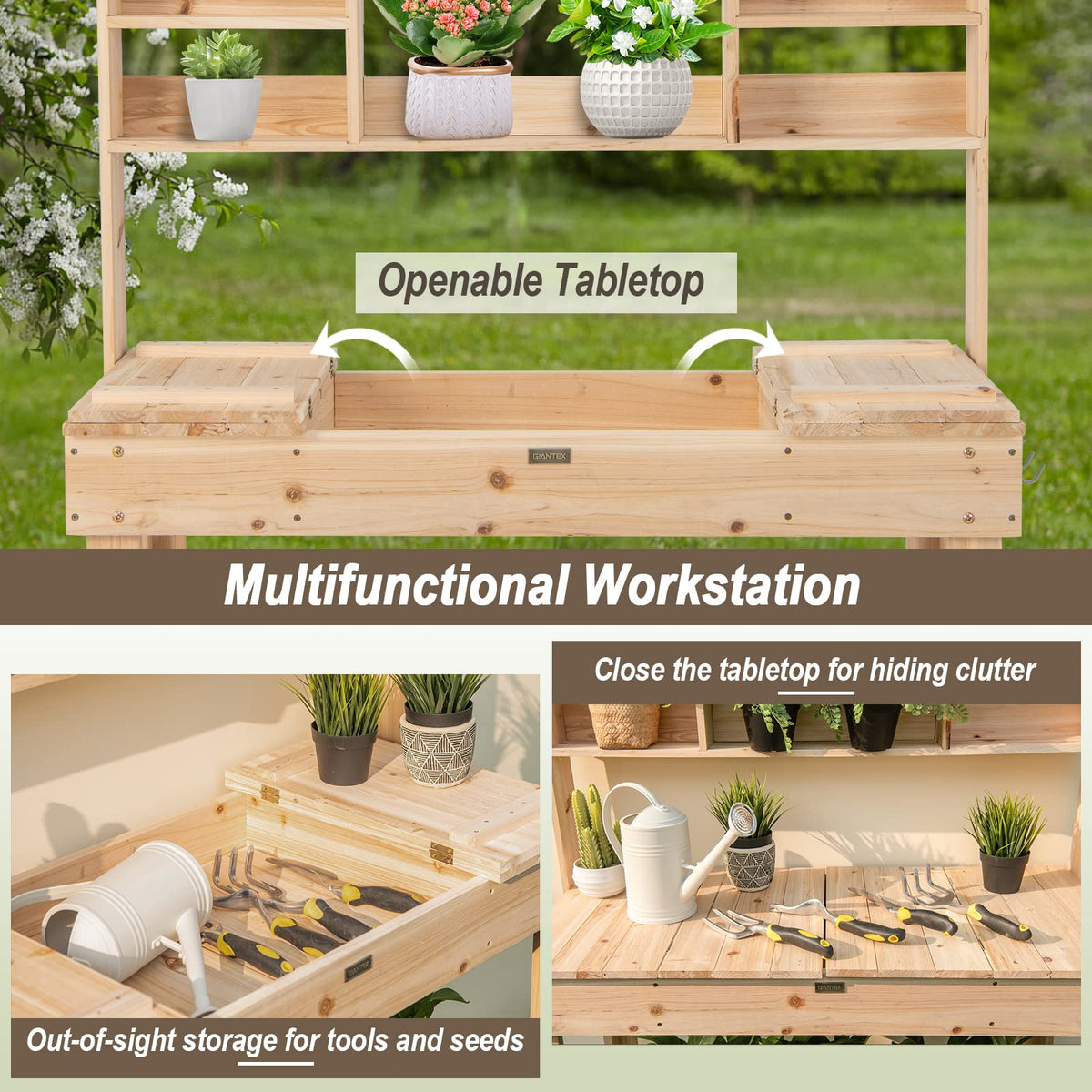 Lucktree Garden Potting Bench Table, Large Workbench Table with Shelves, 43.5"x19.5"x 60.5"