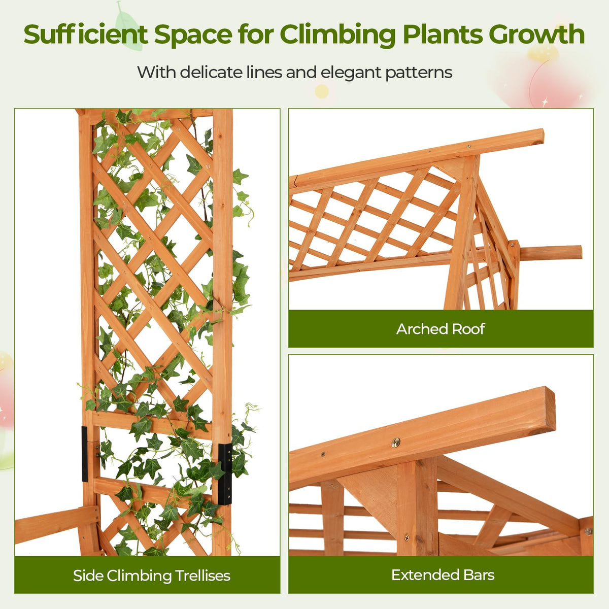Lucktree Garden Arch Trellis with Bench - 63''W x 79''H Wooden Arbor with 2-Person Outdoor Bench
