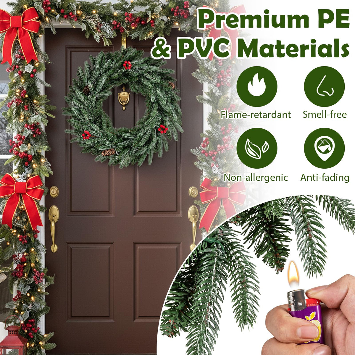 24” Pre-lit Christmas Wreath Front Door Artificial Xmas Wreath with 90 Frosted Branch Tips