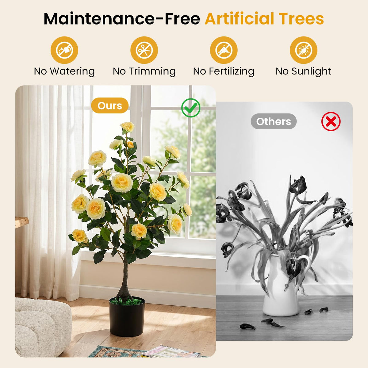 Lucktree 35.5" Artificial Camellia Tree Faux Floral Plant Blooming Tree in Cement Pot