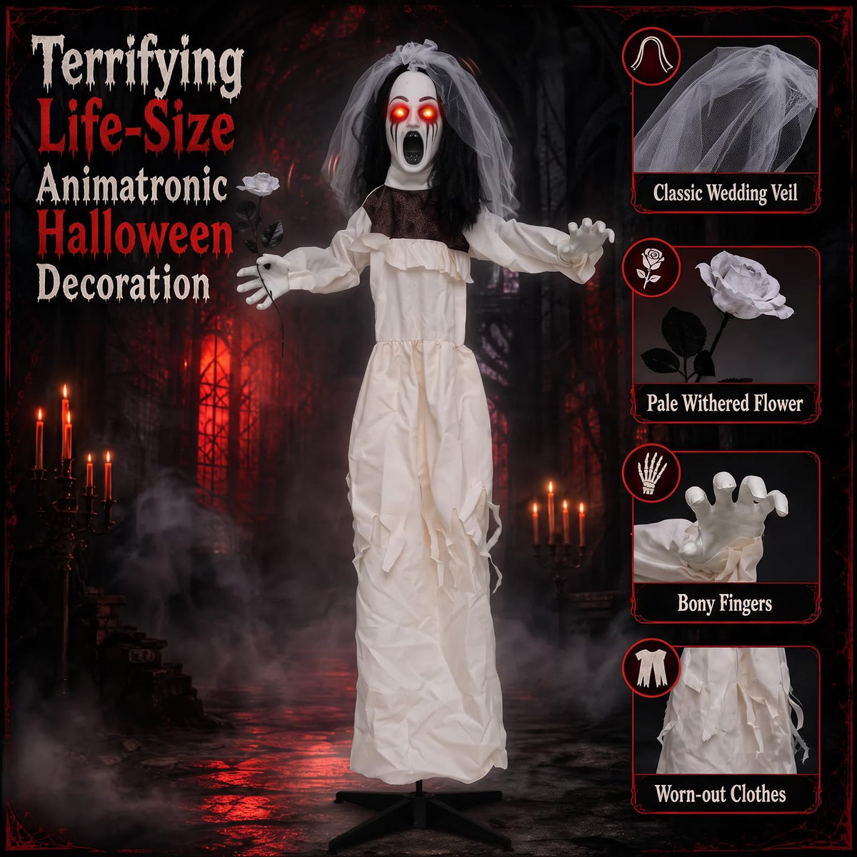 Lucktree 5.7 FT Halloween Standing Animatronics Ghost Bride with Flower