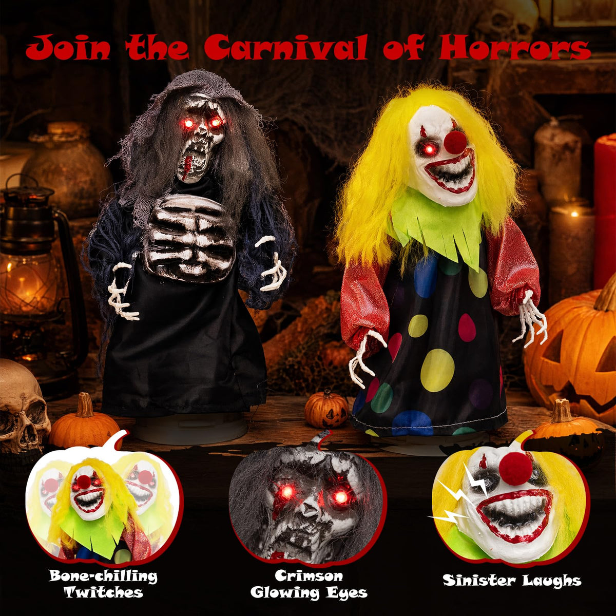 Lucktree 2 Pack Halloween Animated Tabletop Clown & Grim Reaper Decorations