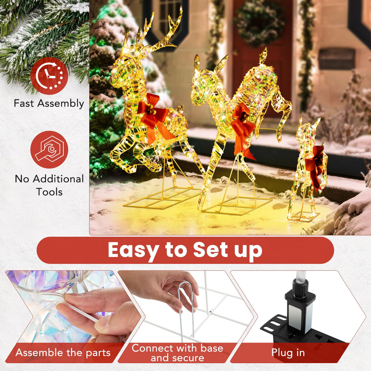 Lucktree Christmas Lighted Reindeer, Set of 3 Reindeer Decorations with LED Lights and Red Bows
