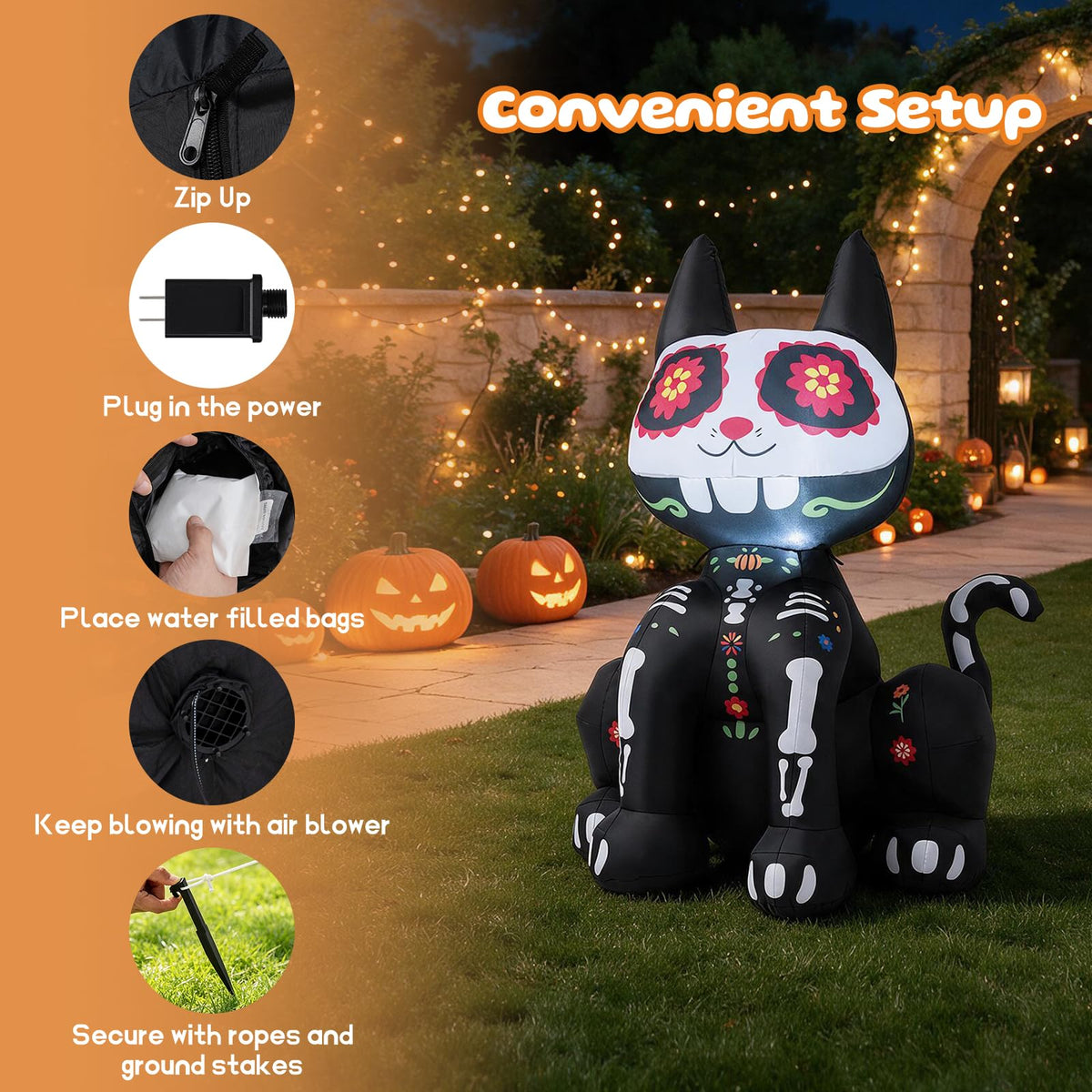 Lucktree 4 FT Day of the Dead Inflatable Skull Black Cat with LED Lights
