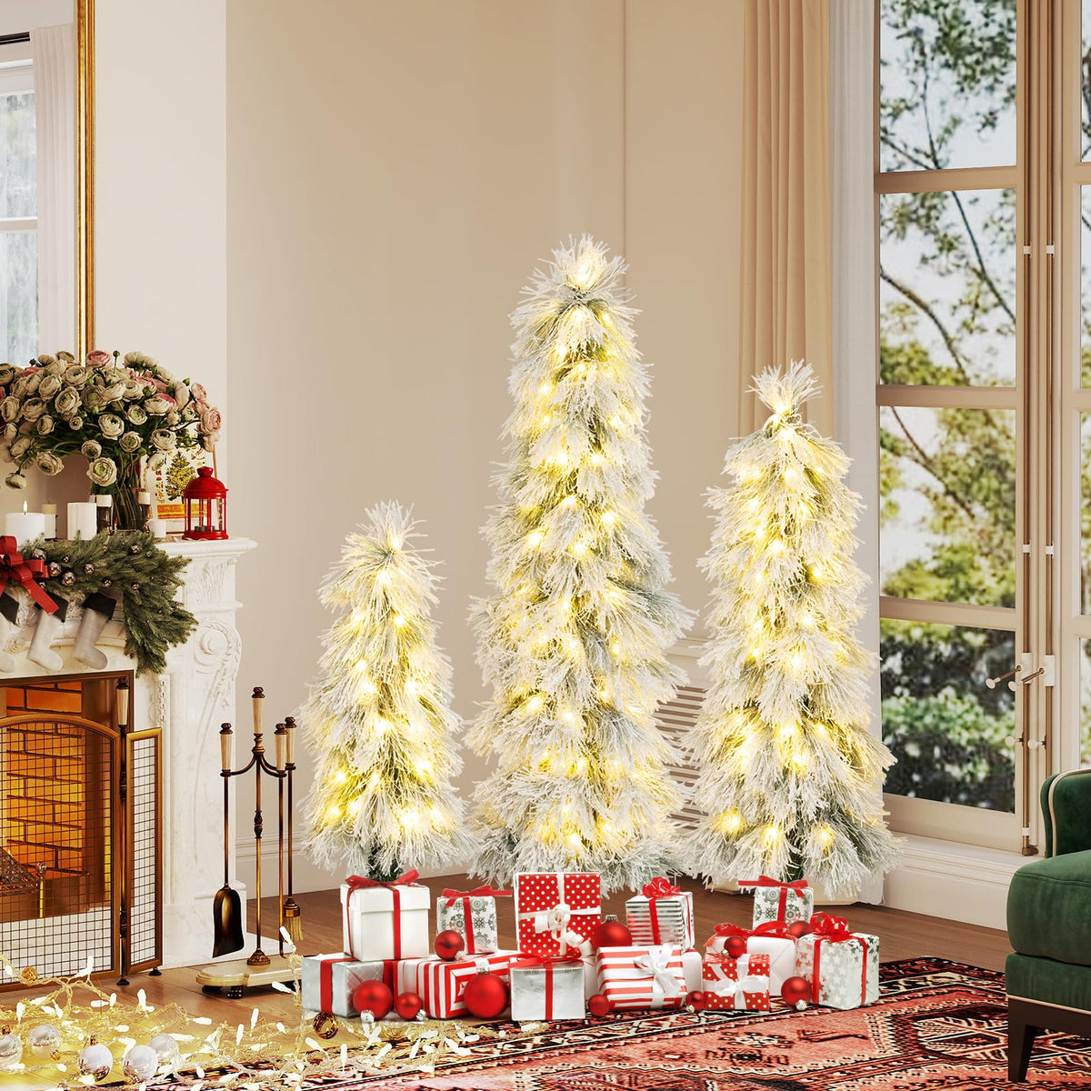 Lucktree 3' 4' 5' Pre-Lit Snow Flocked Christmas Tree Set of 3 | Holiday Seasonal Decor