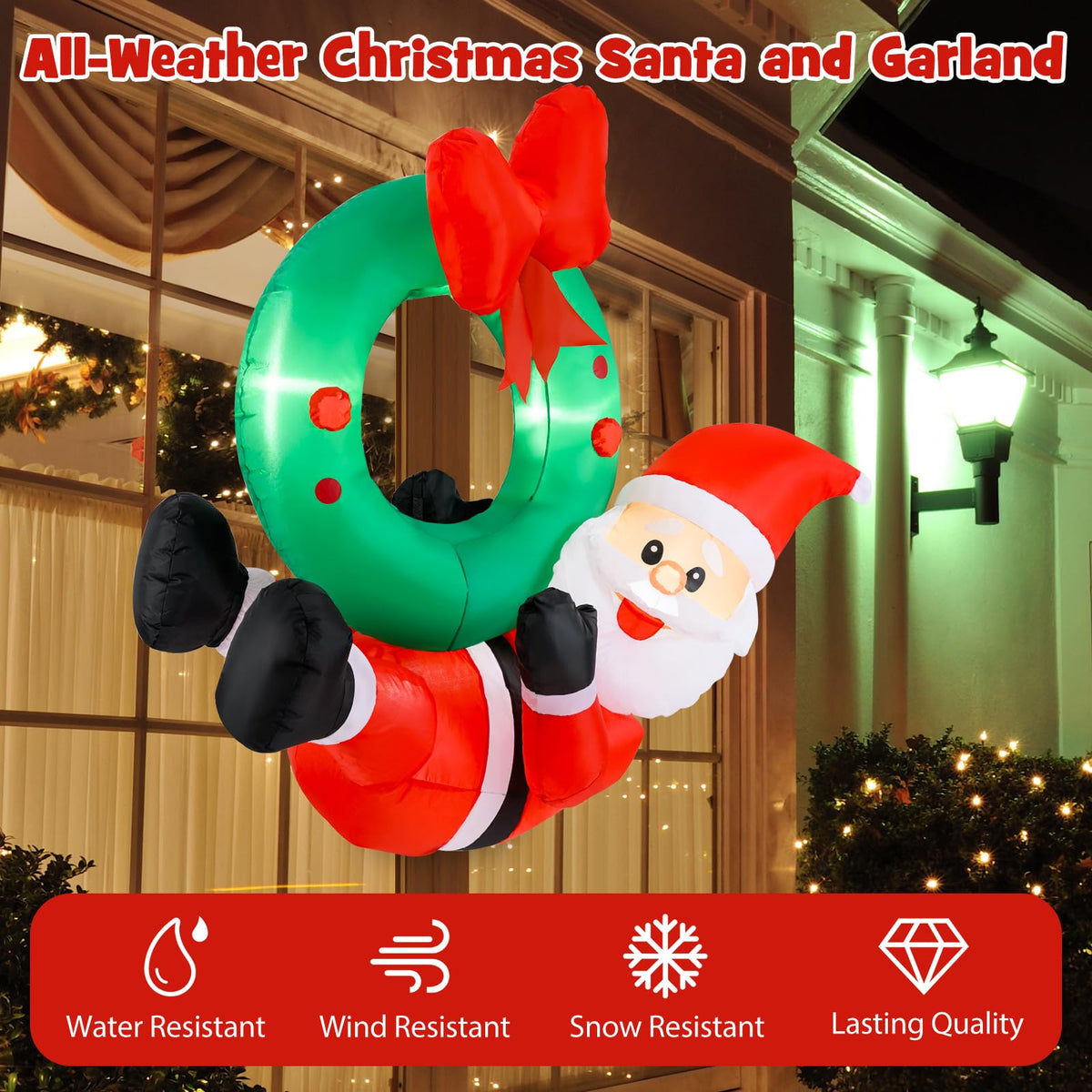 Lucktree Christmas Inflatables, 4FT Blow up Santa Claus w/LED Lights & Christmas Wreath
