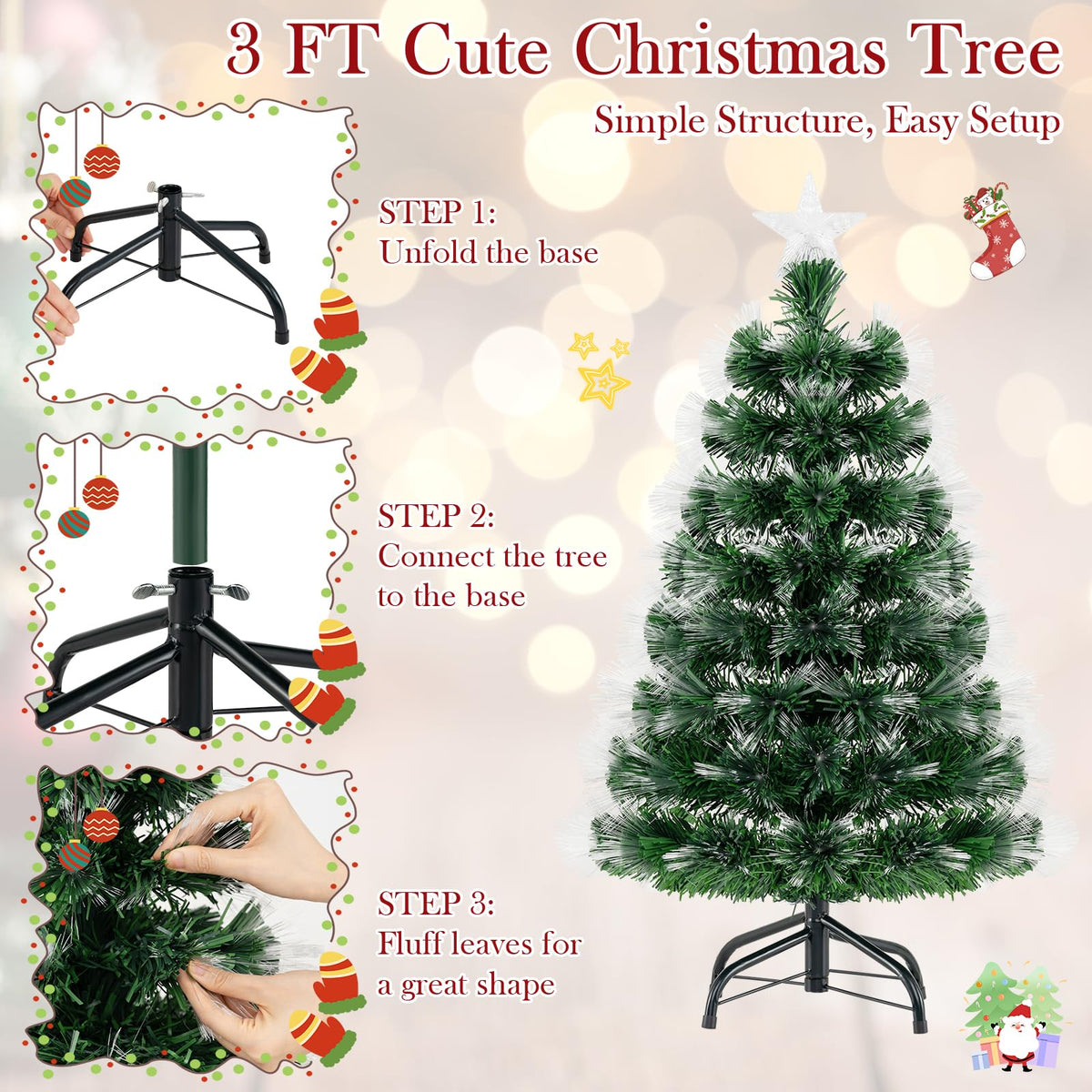 Lucktree 3 FT Pre-Lit Fiber Optic Christmas Tree with Slow-Flashing Multicolored Optical Fibers