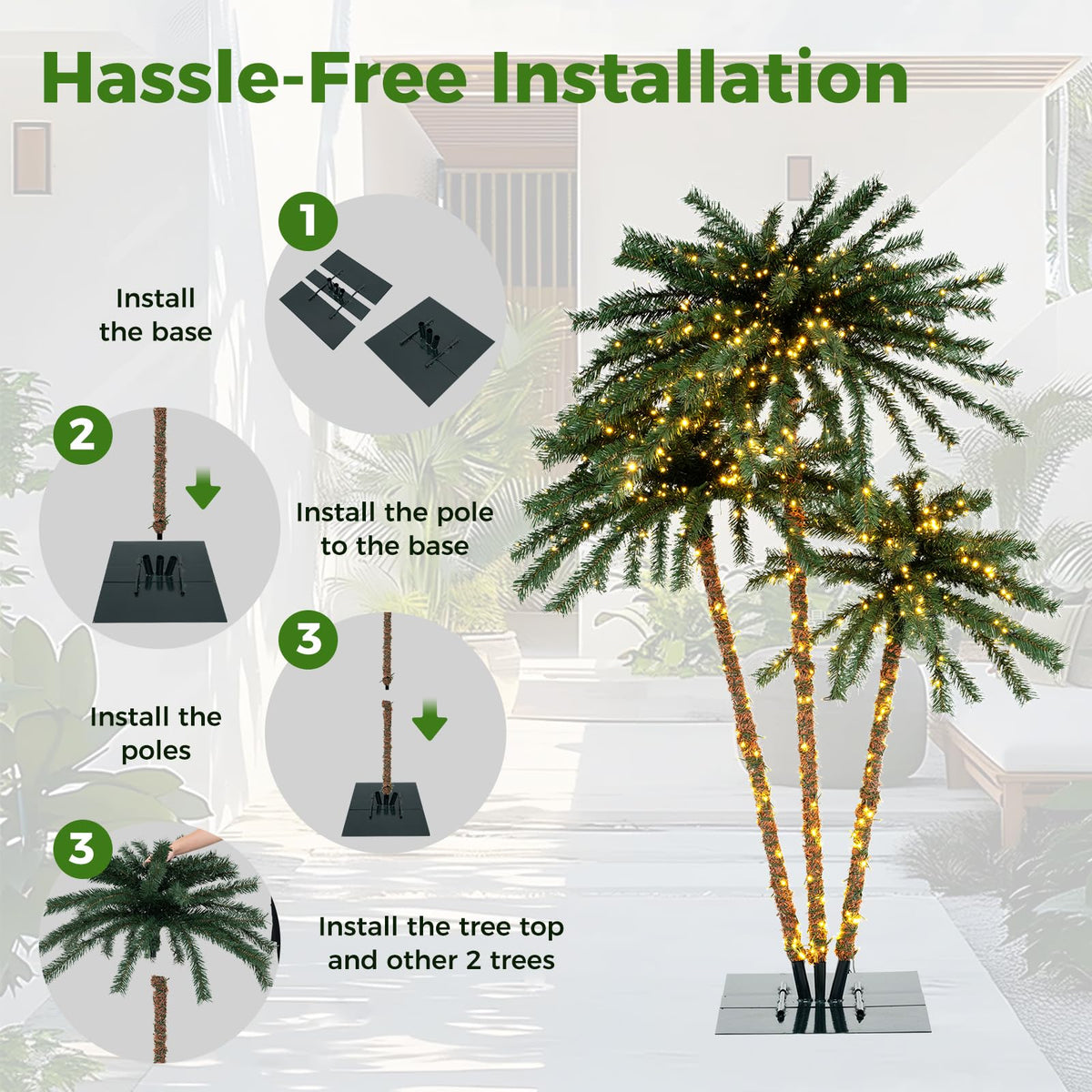 Lucktree Pre-Lit Artificial Christmas Tree, 4/5/6 FT Triple Coconut Plam Trees with Metal Base