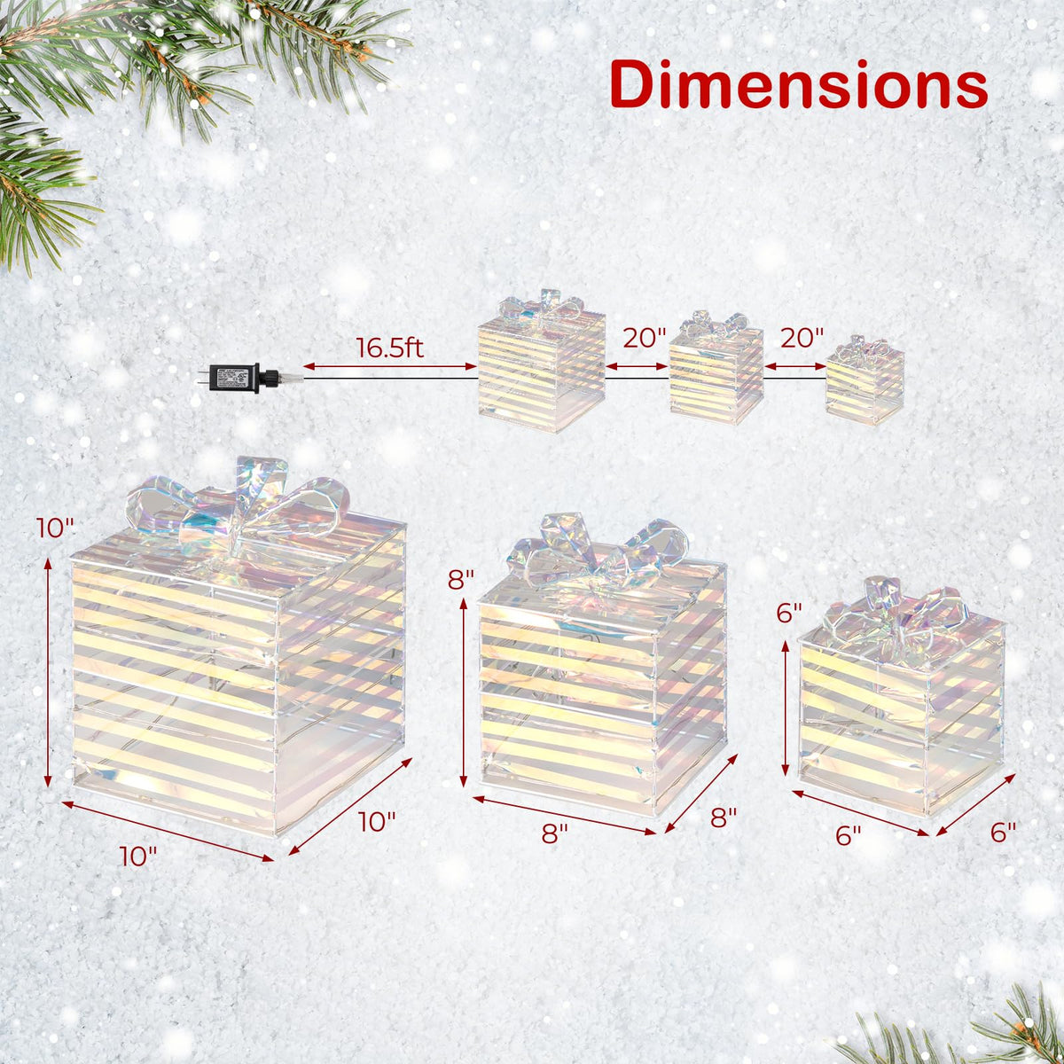 Lucktree 3 Pieces Christmas Lighted Gift Boxes, 90 LED Light up Present Boxes with Bows, Zip Ties & Ground Stakes