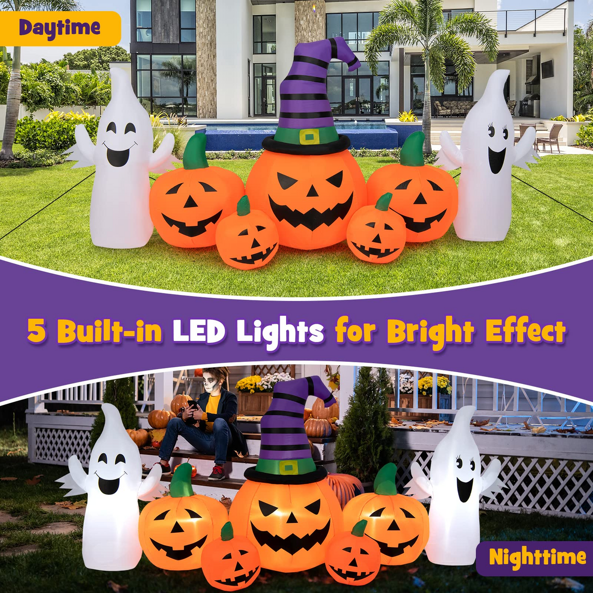 Lucktree 9 FT Halloween Inflatable Pumpkin Ghost, Spooky Lighted Holiday Decoration w/ Witch's Hat,