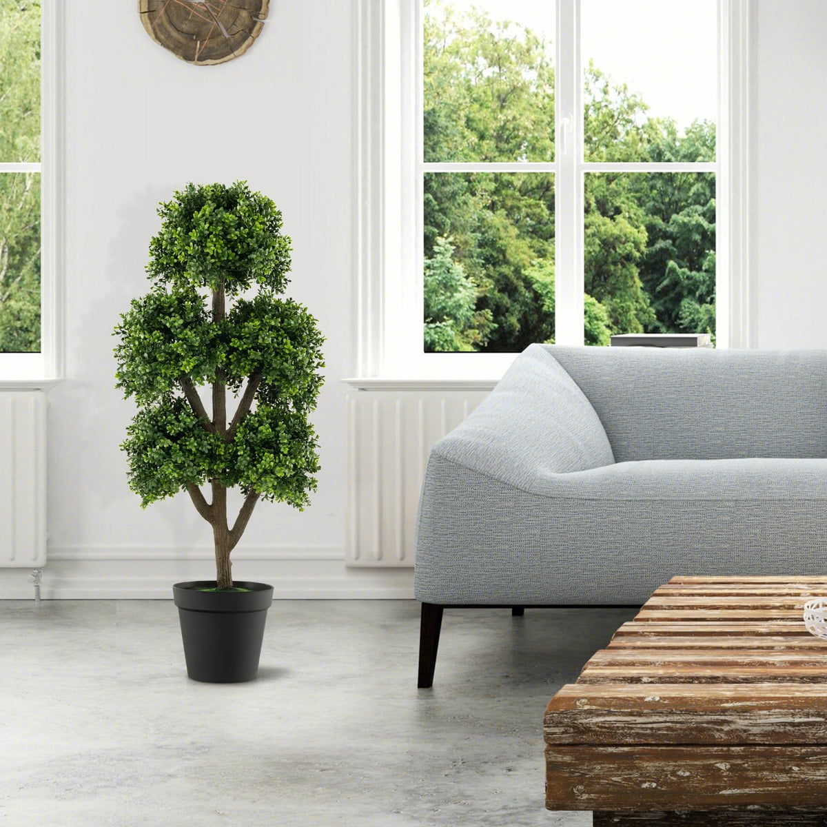 Lucktree Artificial Boxwood Topiary Tree, 45” Tall Faux Potted Plants with 5 Ball-Shaped Topiaries, Cement Flowerpot