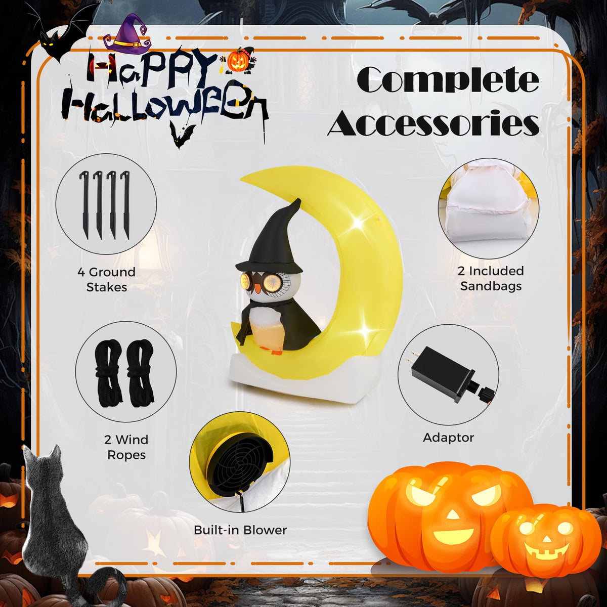 Lucktree 5.1 Ft Halloween Inflatables, Pre-Lit Owl on The Moon with Witch Hat