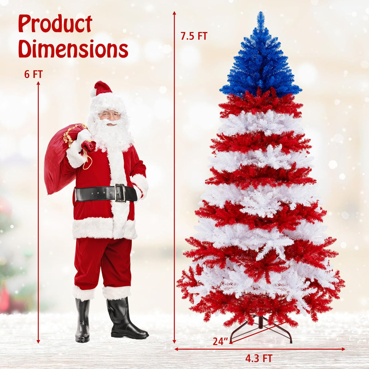 Lucktree 7.5 FT Pre-Lit Patriotic Artificial Christmas Tree, Flag-Themed Hinged Xmas Tree with 480 Warm White LED Lights
