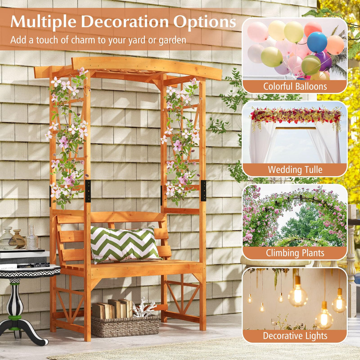 Lucktree Garden Arbor with Bench - Wooden Garden Arch Trellis for Climbing Plants Vines, 2-Person Outdoor Bench