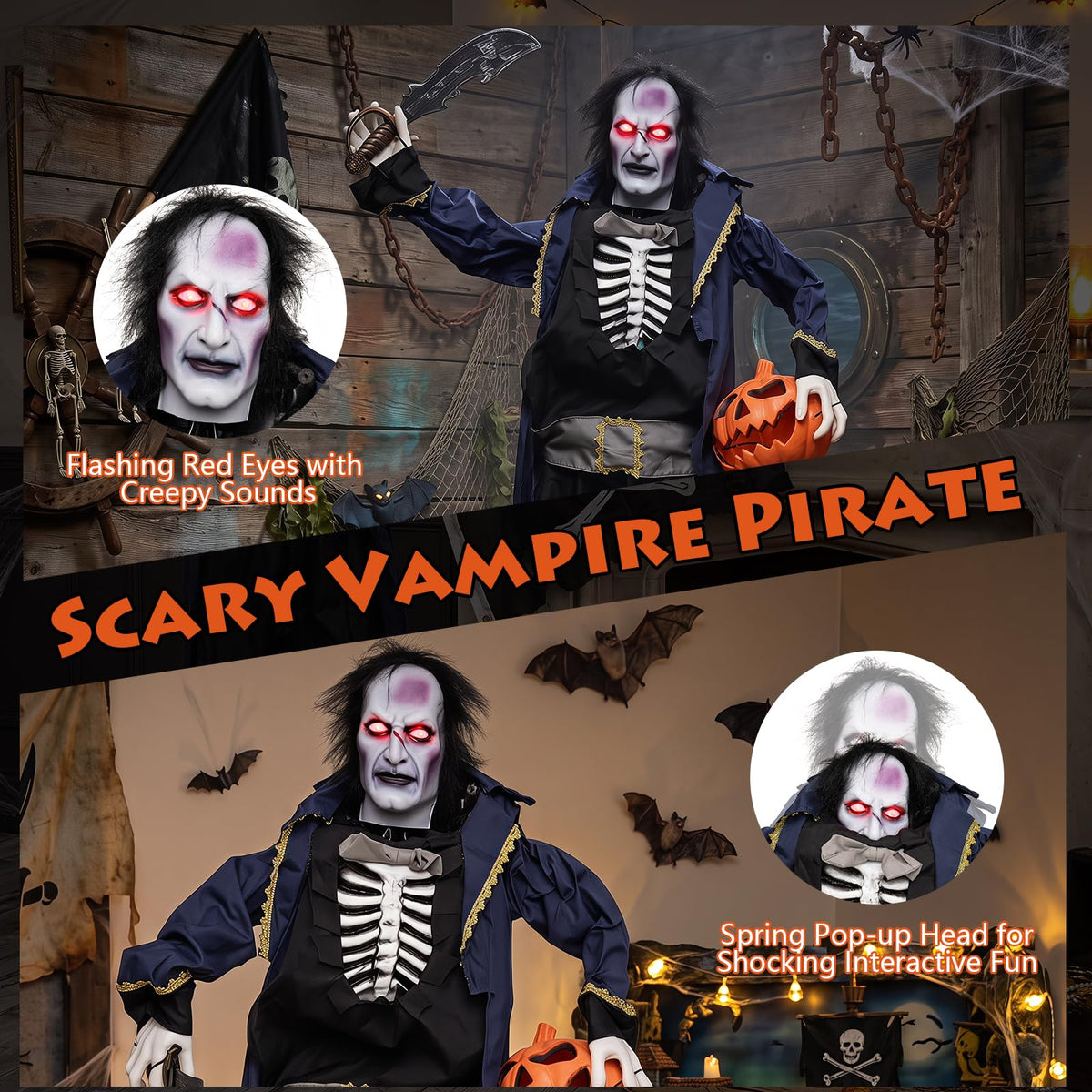 6 FT Animated Halloween Vampire Pirate Decoration with Pop-up Head